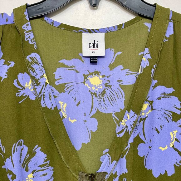 CABI Celebrity Floral Print V-Neck Sleeveless Peplum Top in Olive Green, Lavand - Picture 7 of 13